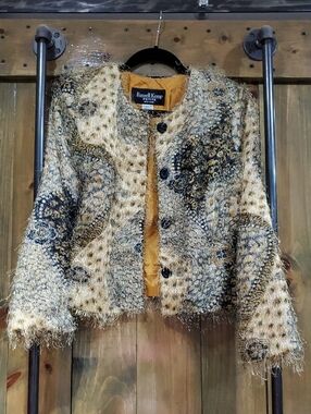 Russell Kemp Gold Black Textured Cropped Blazer & Top Blouse Two Piece Animal Pr